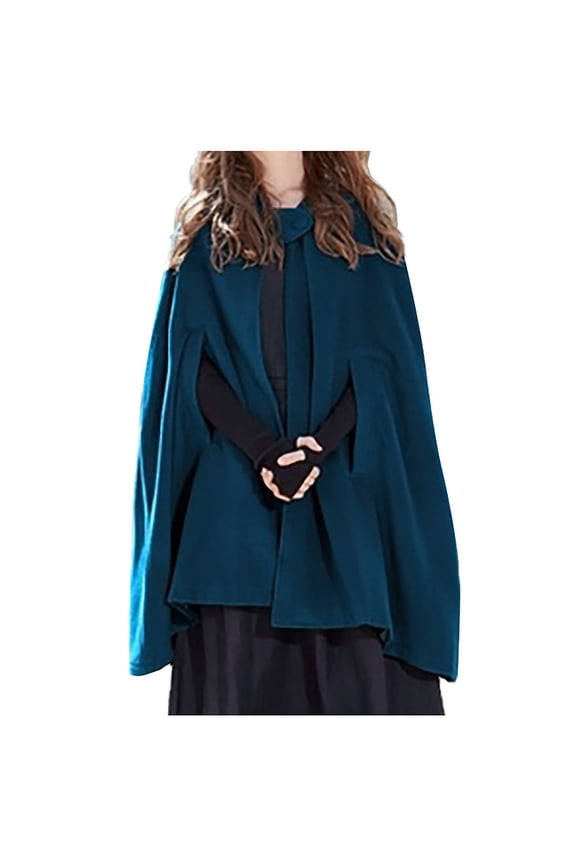 Women Hooded Cape Cloak Coat Loose Batwing Long Sleeve Poncho Shawl Solid Casual Oversized Hooded Poncho Cape Outerwear For Party Blue S