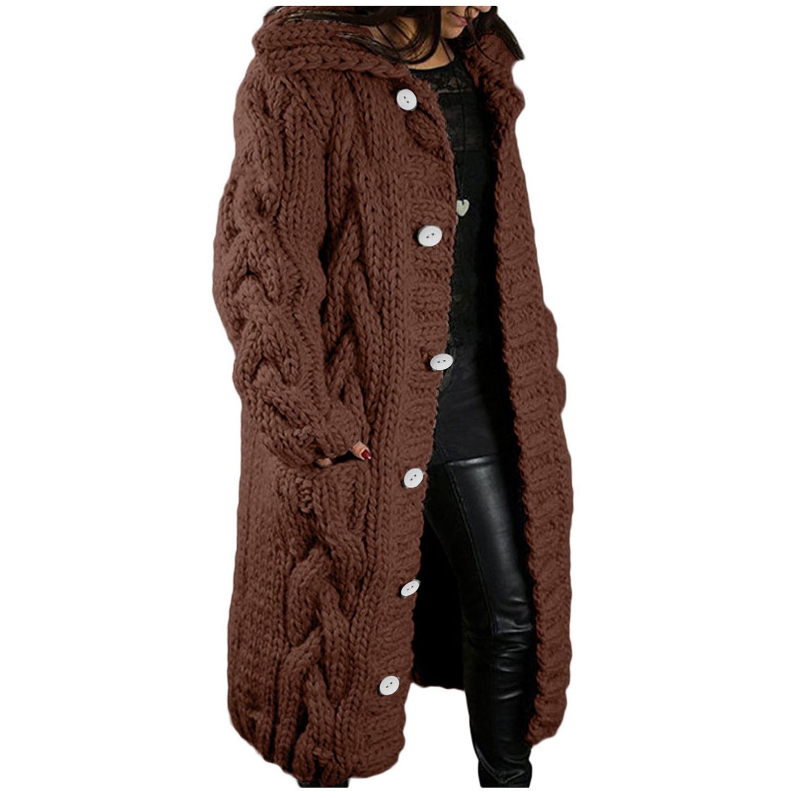 Hooded Long-Sleeve Striped Knit Long Cardigan main image 1