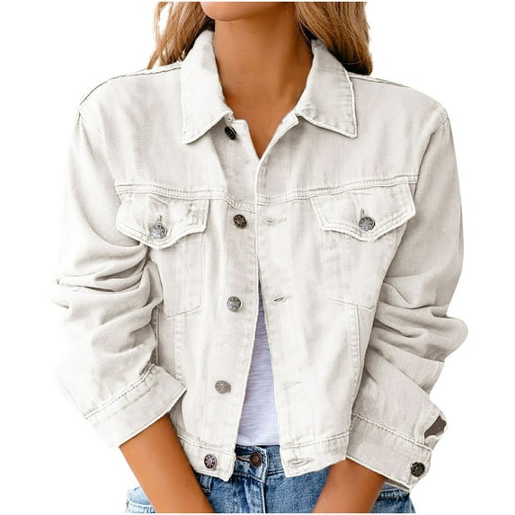 Dezsed Women Juniors Denim Jacket Shacket Solid Color Long Sleeve Button Jean Casual Jacket with Pockets White XXXL