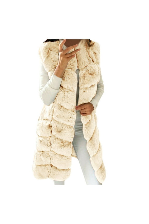 Women Luxury Winter Warm Fuzzy Long Coat Jacket Womens Faux Gilet Sleeveless Waistcoat Solid Body Warmer Jacket Coat Outwear Tops Beige XL