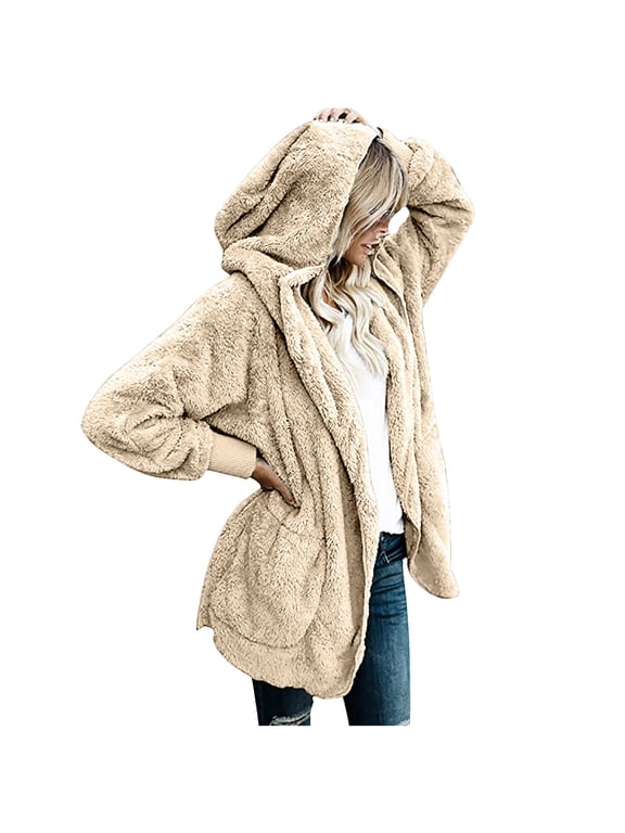 Women Oversized Sherpa Hoodie Fuzzy Fleece Jacket Women's Oversized Open Front Hooded Draped Pockets Cardigan Coat Beige L