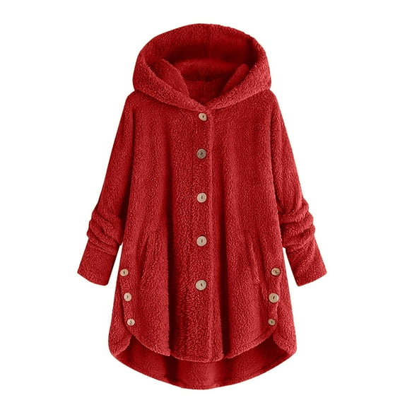 Dezsed Women Oversized Sherpa Hoodie Fuzzy Fleece Jacket Women Plus Size Button Plush Tops Hooded Loose Cardigan Wool Coat Winter Jacket Red L