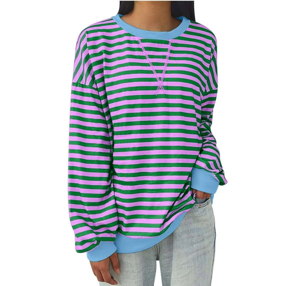 Dezsed Women Oversized Striped Color Block Long Sleeve Crew Neck T-Shirts Casual Loose Pullover Tops Spring Fall Sweatshirt Blue XXXL