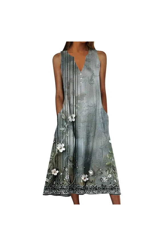 Women Plus Size Sleeveless V-Neck Summer Dress Floral Casual Loose Flowy Tiered Long Beach Sundress with Pockets Dark Gray XL