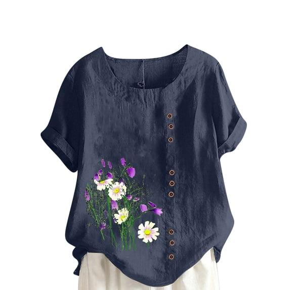 Dezsed Women Plus Size T-Shirt Blouse Summer Casual Round Neck Short Sleeve Printing Loose Shirt Tops for Women Navy XXXXL
