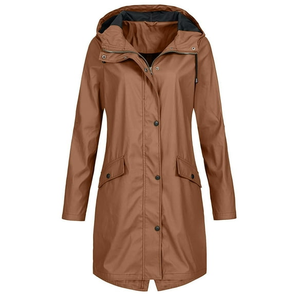 Dezsed Women Raincoat Water-proof Trench Coat Women's Solid Color Rain Jacket Outdoor Hooded Water-proof Windproof Long Coat Coffee L