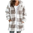 thumbnail image 1 of Dezsed Women S Winter Loose Warm Hooded Plaid Side Pocket Mid Length Jacket Top Khaki S, 1 of 6