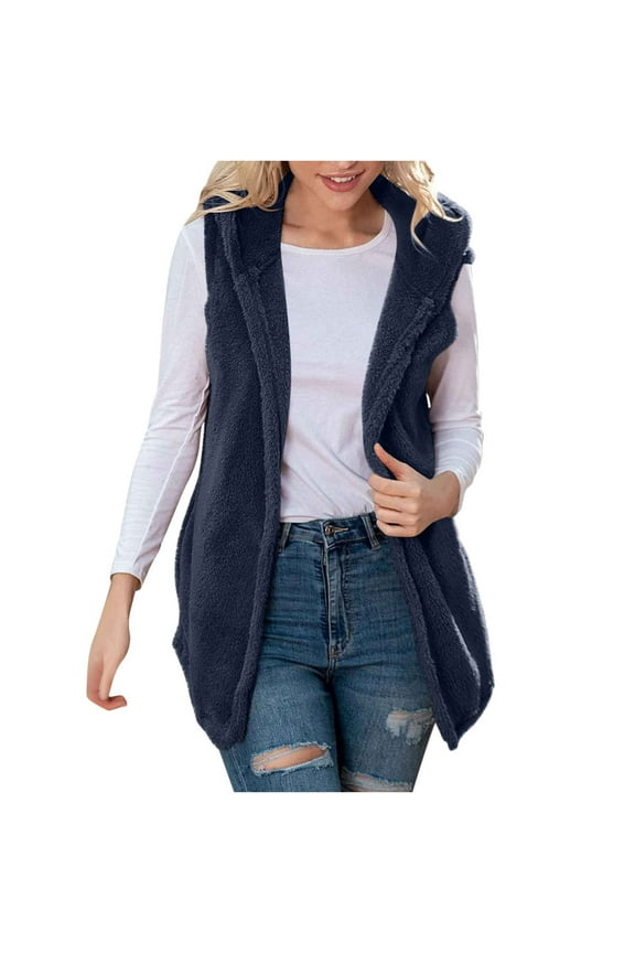 Women Solid Casual Tops Sleeveless Hooded Fleece Blanket Jacket With Pocket Navy L