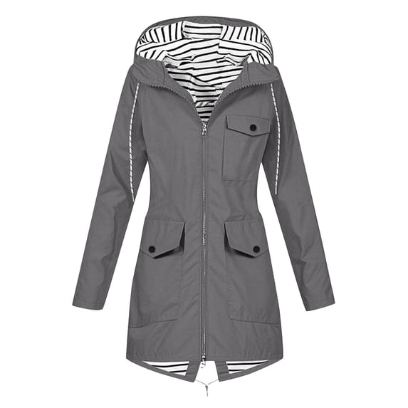 Dezsed Women Solid Color Rain Jacket Outdoor Hooded Windproof Loose With Pocket Coat Dark Gray L