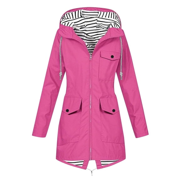 Dezsed Women Solid Color Rain Jacket Outdoor Hooded Windproof Loose With Pocket Coat Hot Pink S