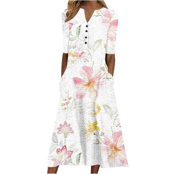 Dezsed Women Summer Short Sleeve Midi Dress with Pockets Casual Aline Flowy Tshirt Dress Floral Vocation Beach Sundress Pink 3XL