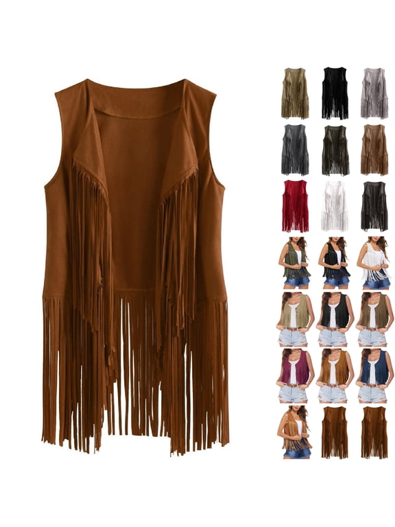 Women Tassel Sleeveless Vest Jacket Fall Winter Open Front 70s Hippie Style Faux Suede Tassel Fringed Vest Casual Ethnic Cardigan Vest Brown 2XL