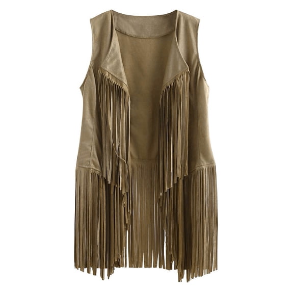 Dezsed Women Tassel Vest Women 70s Hippie Faux Suede Rivets Sleeveless Fringe Jacket Tassels Fringed Vest Cardigan Beige XL