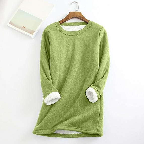 Dezsed Women Winter Pullover Solid Color Long Sleeve Round Neck Midi Sherpa Fleece Lined Sweatshirts Jumper Tops Plus Size Green B S