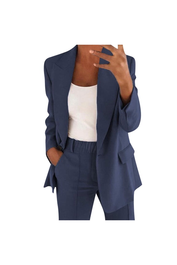 Women's 2 Piece Outfit Casual Solid Open Front Blazer Jackets and Dressy Dress Pant Elegant Business Office Suits Set Fall Outfit Dark Blue XXXXXL