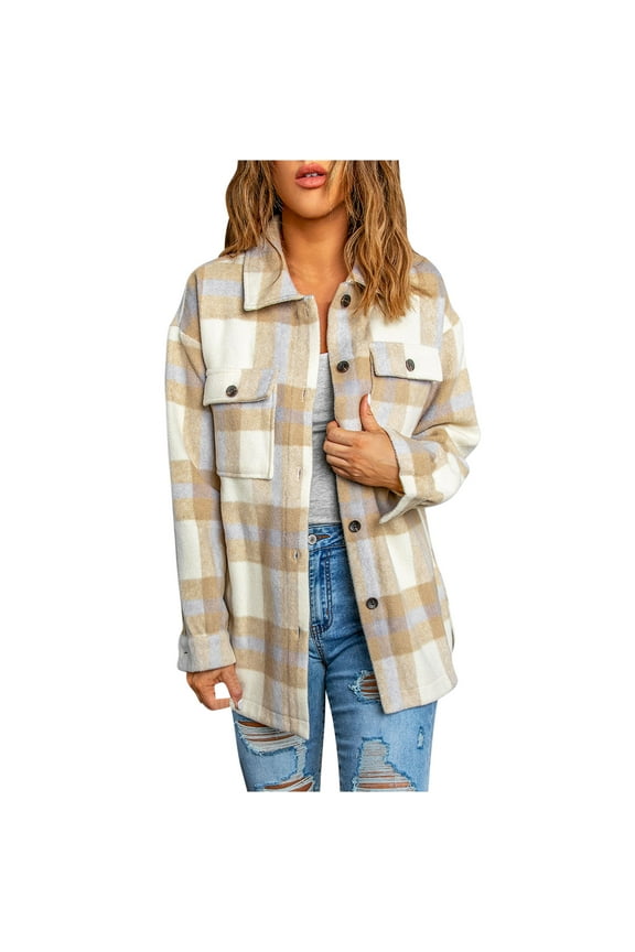 Women's 2025 Fall Clothes Plaid Shacket Jacket Long Sleeve Button Flannel Shirts Fashion Jacket Beige L