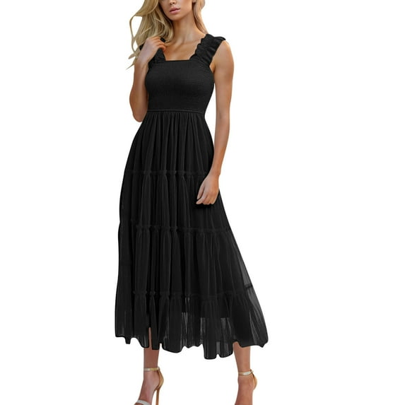 Dezsed Women's 2025 Summer Boho Flowy Dresses Spaghetti Strap Square Neck Solid Color Ruffle A Line Beach Long Dress Black 2XL