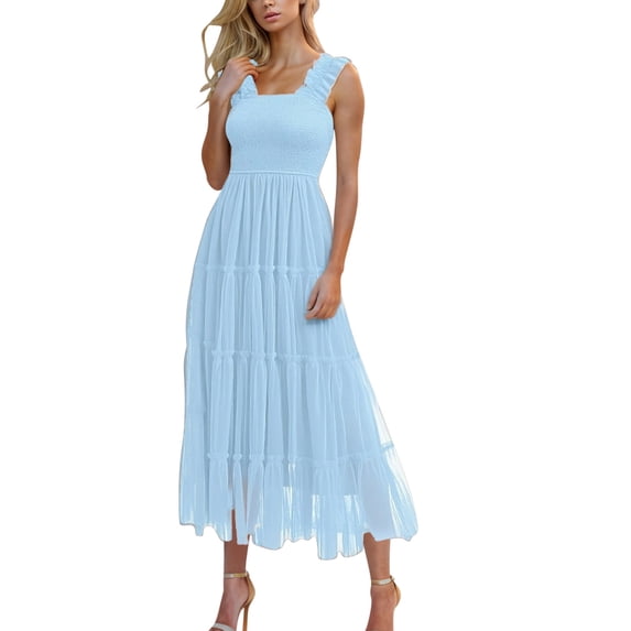 Dezsed Women's 2025 Summer Boho Flowy Dresses Spaghetti Strap Square Neck Solid Color Ruffle A Line Beach Long Dress Light Blue M