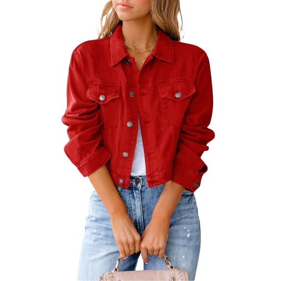 Dezsed Women's Basic Button Stretch Fitted Denim Jean Jacket Clearance Women Solid Denim Jacket Long Sleeve Slimming Cardigan Suit Pocket Coat Top Red M