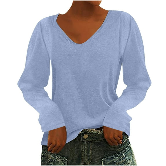 Dezsed Women's Basic T Shirts Women's Fashion Casual Printing V-Neck Long Sleeves T Shirt Pullover Tops Blue S
