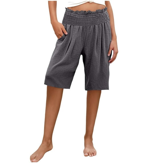 Dezsed Women's Bermuda Long Shorts with Pockets Casual Loose Lounge Athletic Shorts Knee Length Sweat Shorts for Summer Dark Gray L