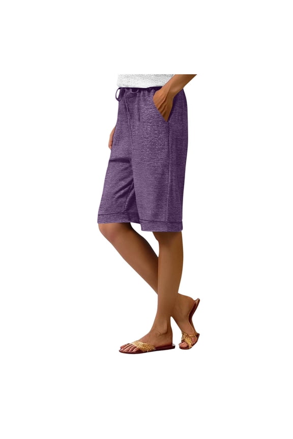 Women's Bermuda Shorts Casual Loose Drawstring Elastic Waist Short Pants Knee Length Sweat Shorts for Summer Dark Purple S