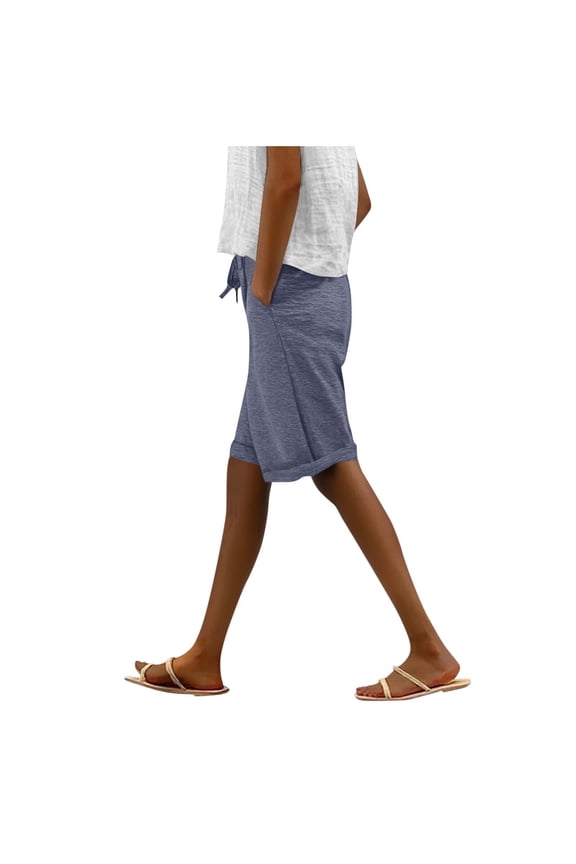 Women's Bermuda Shorts Casual Loose Drawstring Elastic Waist Short Pants Knee Length Sweat Shorts for Summer Navy S