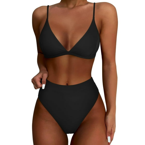 Dezsed Women's Bikini Sets Two Piece Swimsuit High Waisted Bathing Suit Print V Neck Adjustable Spaghetti Straps Swimwear Black S