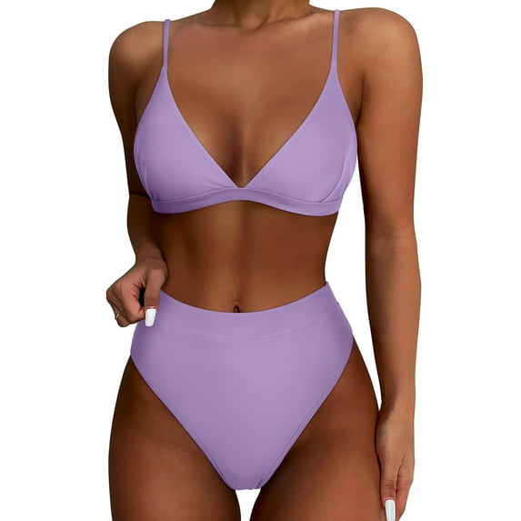 Dezsed Women's Bikini Sets Two Piece Swimsuit High Waisted Bathing Suit Print V Neck Adjustable Spaghetti Straps Swimwear Purple M