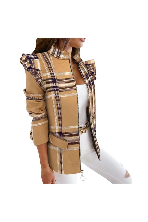Women's Blazers & Suit Jackets Women Business Attire Plaid Printed Long Sleeve Button Slimming Cardigan Coat Jacket Top Khaki M