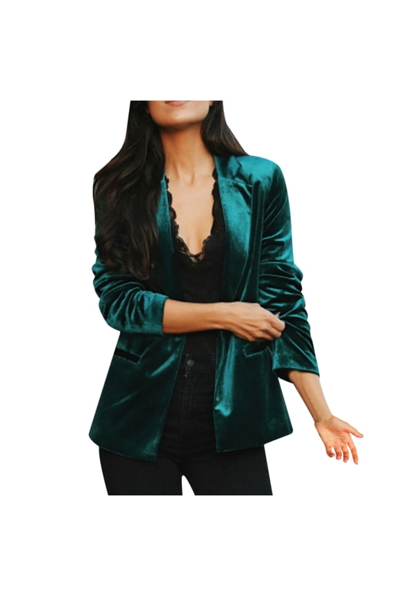 Women's Button Front Velvet Blazer Women Cozy Retro Long Sleeve Velvet Solid Buttons Pokets Jacket Cardigan Loose Coat Top Green L