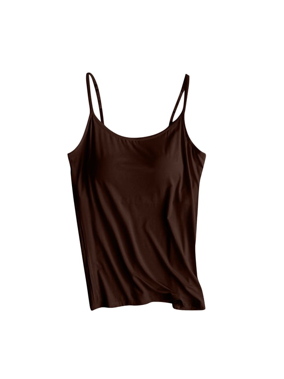 Women's Camisole with Built in Bra Adjustable Spaghetti Strap Cami Tank Tops Basic Stretch Padded Yoga Tanks Brown XXL