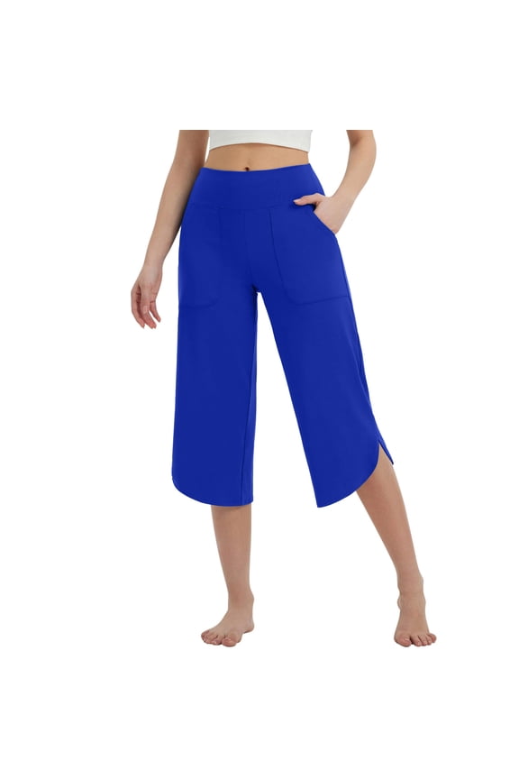 Women's Capri Sweatpants, Cozy Wide Legs Cropped Capri with Pockets, Lounge Jogger Pants Workout Yoga Solid Blue M