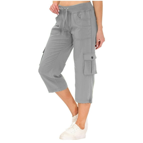 Dezsed Women's Cargo Capris Pants with Pockets Lightweight Quick Dry Travel Hiking Summer Pants for Women Casual Gray M