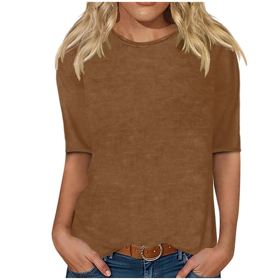 Dezsed Women's Casual 3/4 Sleeve T-Shirts Round Neck Cute Tunic Tops Basic Tees Blouses Loose Pullover Coffee S