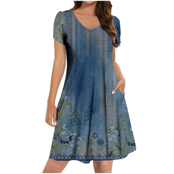 Dezsed Women's Casual A-Line Dress with Pockets Summer Beach Floral Tshirt Dress Short Sleeve Mini Dress Flowy Sundresses Dark Blue M