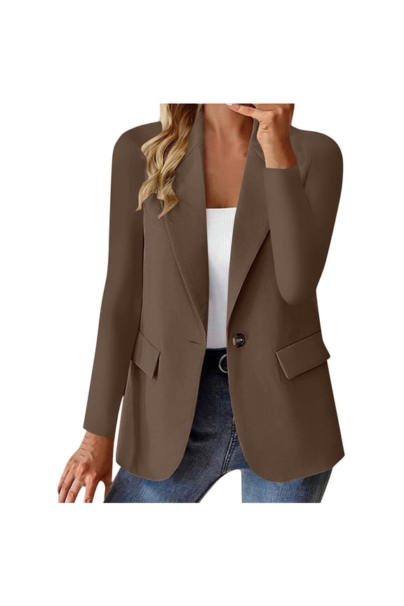 Women's Casual Blazer Solid Color Long Sleeve Lapel Suit Coat Single Button Lightweight Jackets Women Coffee M