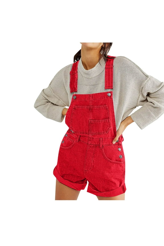 Women's Casual Denim Bib Overall Shorts Adjustable Straps Cuffed Hem Shortall Rompers Sleeveless Suspender Jumpsuit Red S