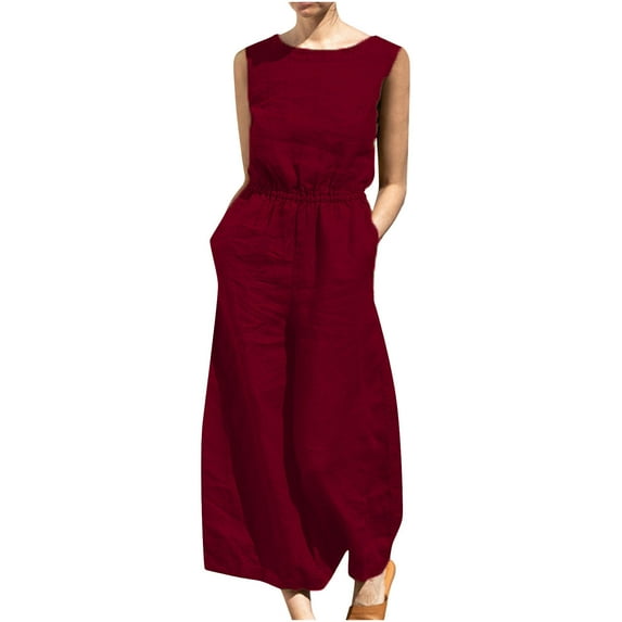 Dezsed Women's Casual High Waist Linen Sleeveless Baggy Jumpsuit Summer Elegant Loose Wide Leg Pants Romper Wine M