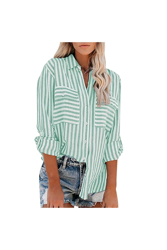 Women's Casual Stripe Blouses Pocket Button Shirt Tops Women's Tops Striped Printed Single Breasted Long Sleeve V-Neck Shirt Cotton Linen Tops Green S