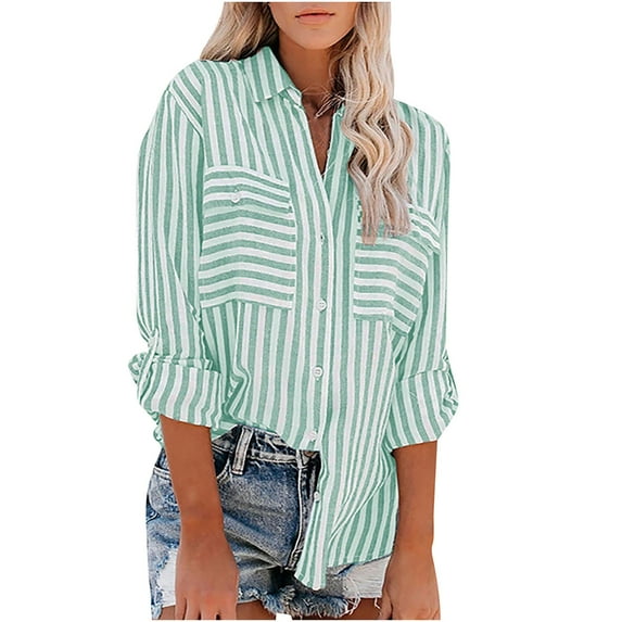Dezsed Women's Casual Stripe Blouses Pocket Button Shirt Tops Women's Tops Striped Printed Single Breasted Long Sleeve V-Neck Shirt Cotton Linen Tops Green S