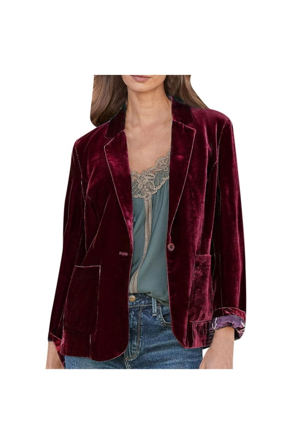 Women's Casual Velvet Blazer Jacket Women Cozy Retro Long Sleeve Velvet Solid Buttons Pokets Jacket Cardigan Loose Coat Top Wine L
