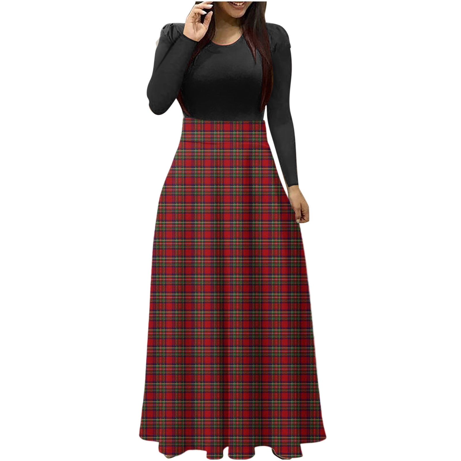 Dezsed Women's Christmas Dress Clearance Women's Plus Size Christmas Print Long Sleeve Round-neck Ankle-Length Long Dress Black XXL