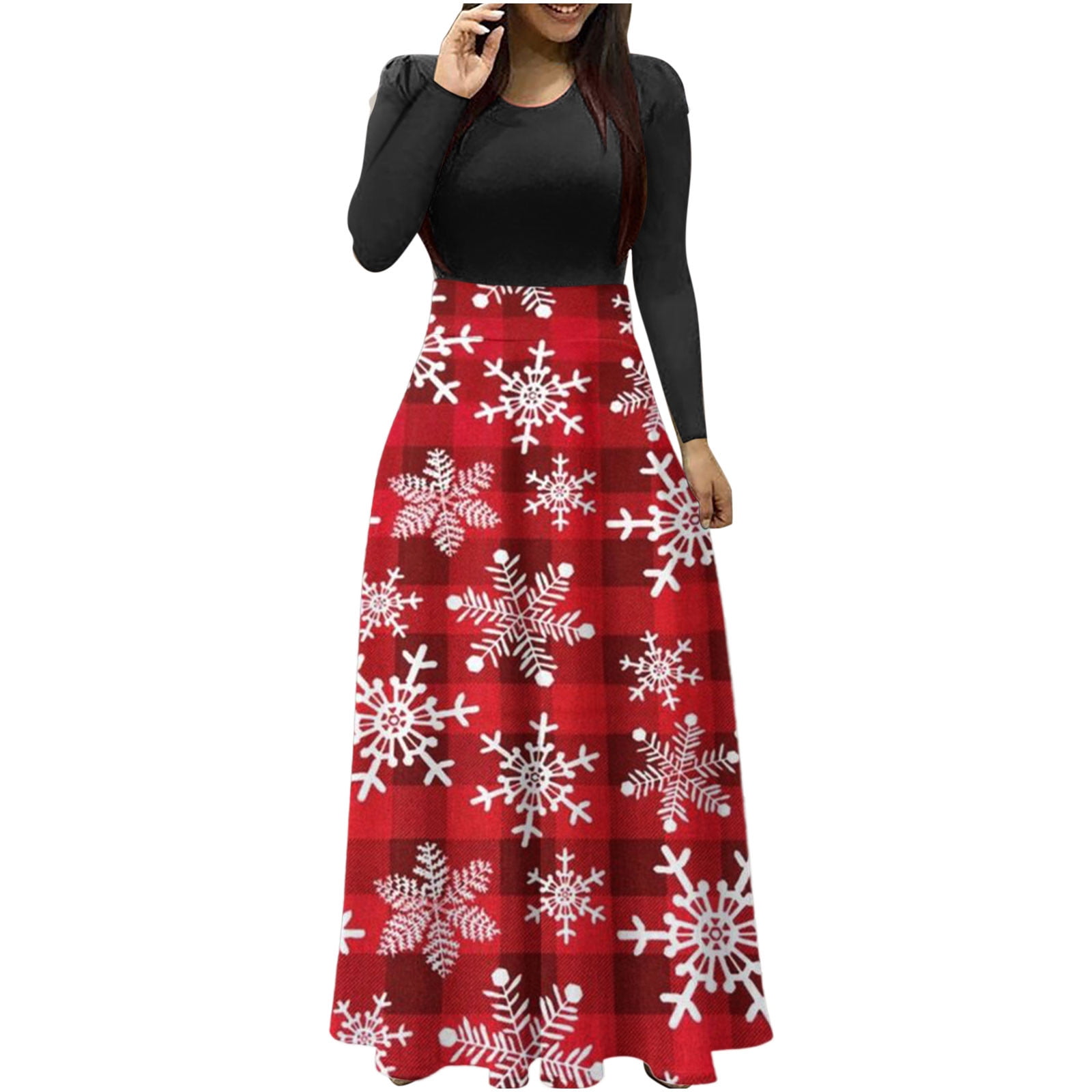 red christmas dress womens plus size Dezsed Women's Christmas Dress Women's Plus Size Christmas Print Long  Sleeve Round-neck Ankle-Length Long Dress Red S