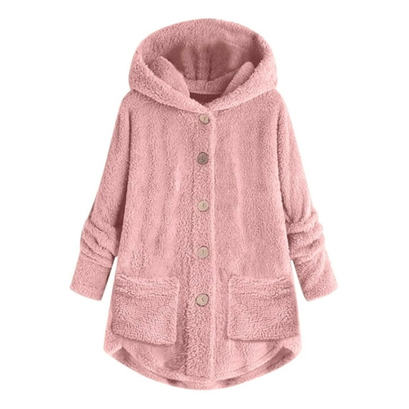 Dezsed Women's Coat Fleece Jacket Women Plus Size Button Plush Tops Hooded Loose Cardigan Wool Coat Winter Jacket Pink XXXL