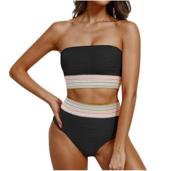 Dezsed Women's Color Block Bandeau Swimsuits Strapless Bikini Sets High Waisted Two Piece Bathing Suits Black M