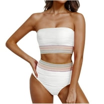 Dezsed Women's Color Block Bandeau Swimsuits Strapless Bikini Sets High Waisted Two Piece Bathing Suits White XL