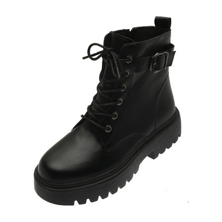 Dezsed Women's Boots Women Shoes Hasp Mid Heel Flat Bottom Zipper Laceing Mid Calf Boots Fashion Plus Velvet Leather Short Boots Black