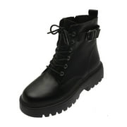 Dezsed Womens Boots Women Shoes Hasp Mid Heel Flat Bottom Zipper Laceing Mid Calf Boots Fashion Plus Velvet Leather Short Boots Black