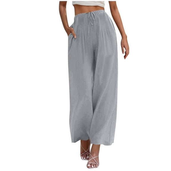 Dezsed Women's Cotton Linen Summer Palazzo Pants Flowy Wide Leg Trousers Casual Lightweight Loose Beach Pants with Pockets Light Gray L